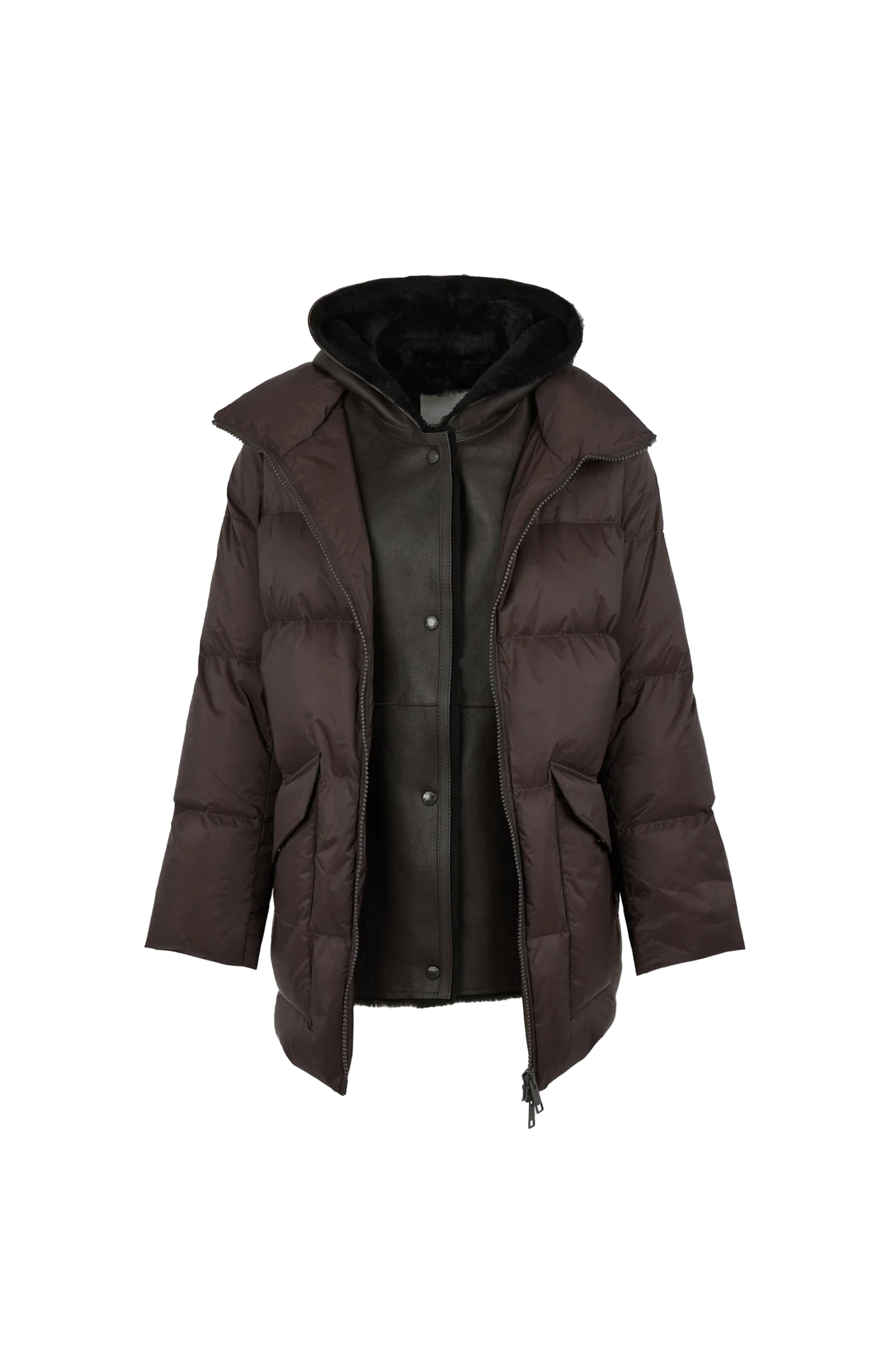 A-line Down Jacket with Lambskin Shearling Bib Panel in Brown