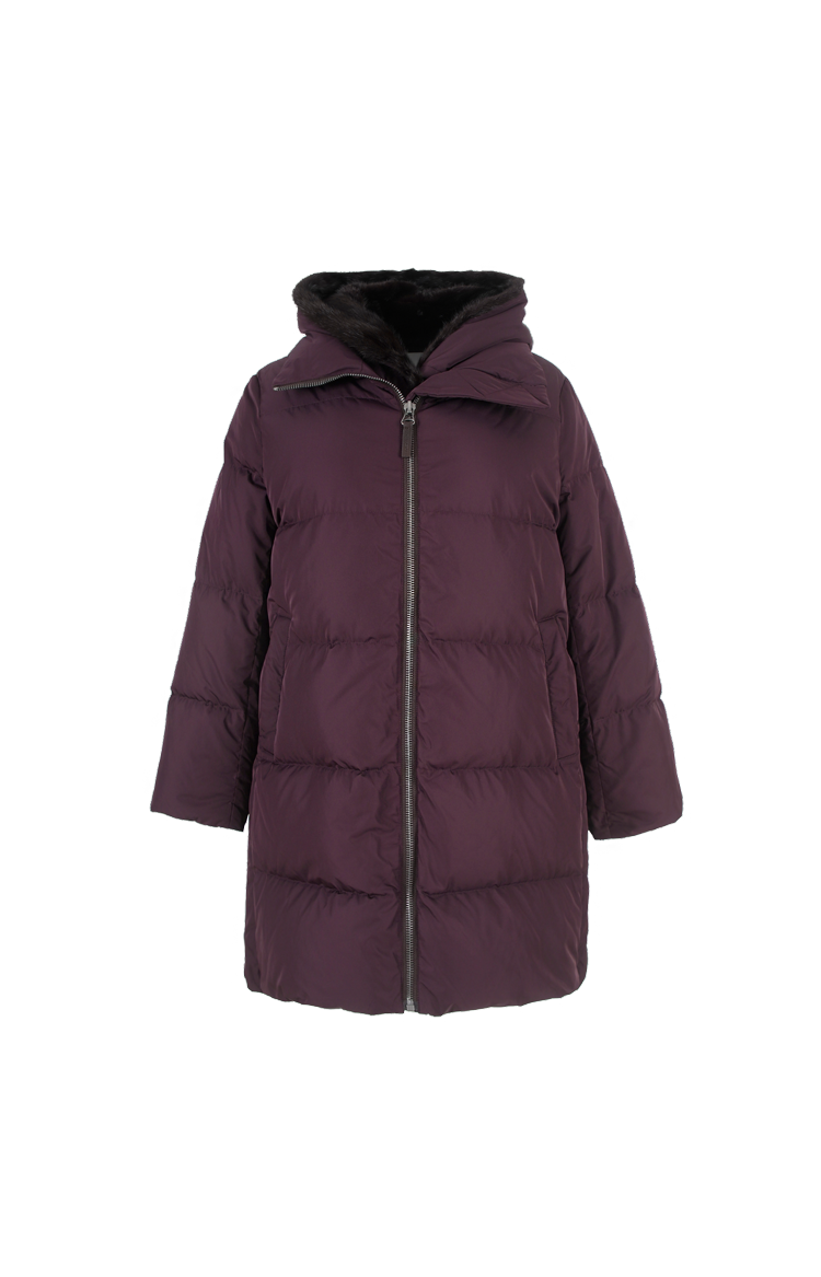 Yves Salomon "A" Line Down Jacket in Mink Fur in Burgundy — front view
