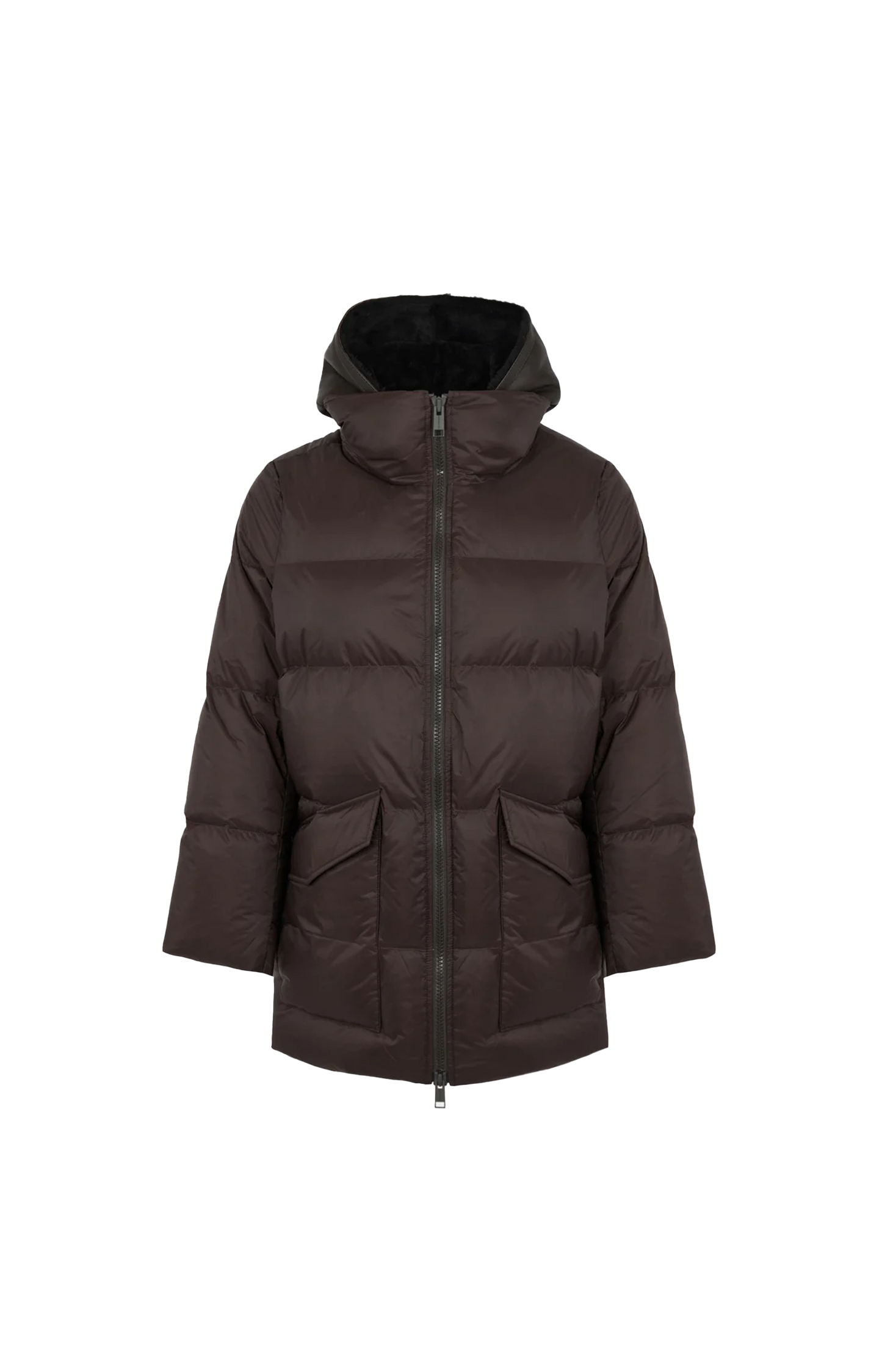 A-line Down Jacket with Lambskin Shearling Bib Panel in Brown