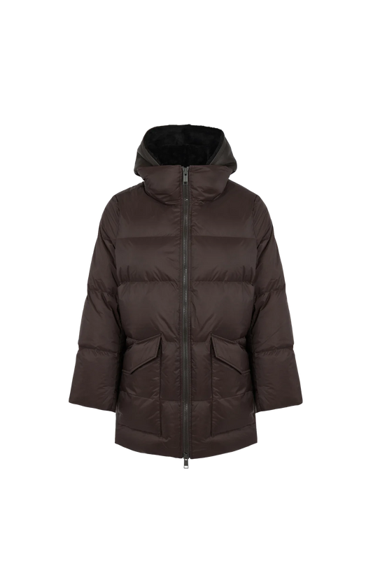 A-line Down Jacket with Lambskin Shearling Bib Panel in Brown