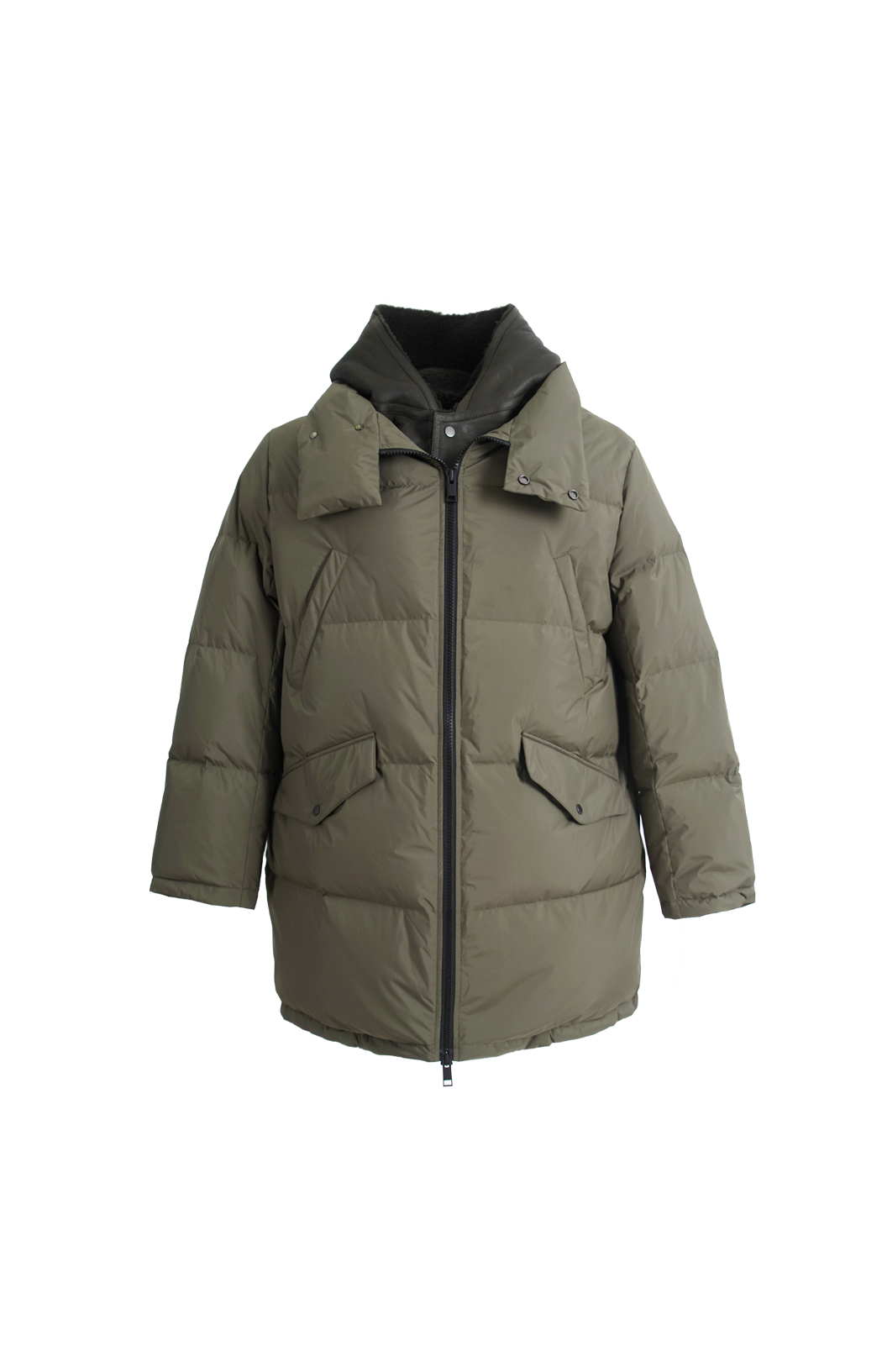 Yves Salomon Down Jacket with Lambskin Shearling Bib in Green — front view
