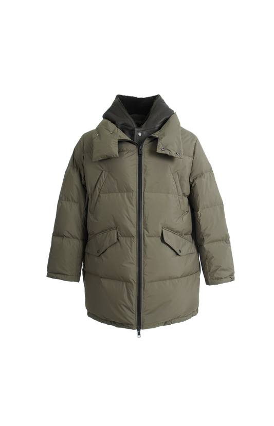 Yves Salomon Down Jacket with Lambskin Shearling Bib in Green — front view
