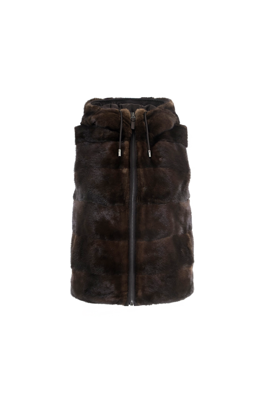 Reversible Flannel and Mink Fur Sleeveless Gilet in Brown