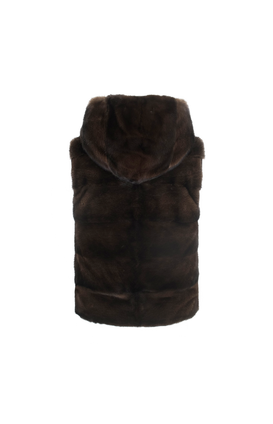 Reversible Flannel and Mink Fur Sleeveless Gilet in Brown