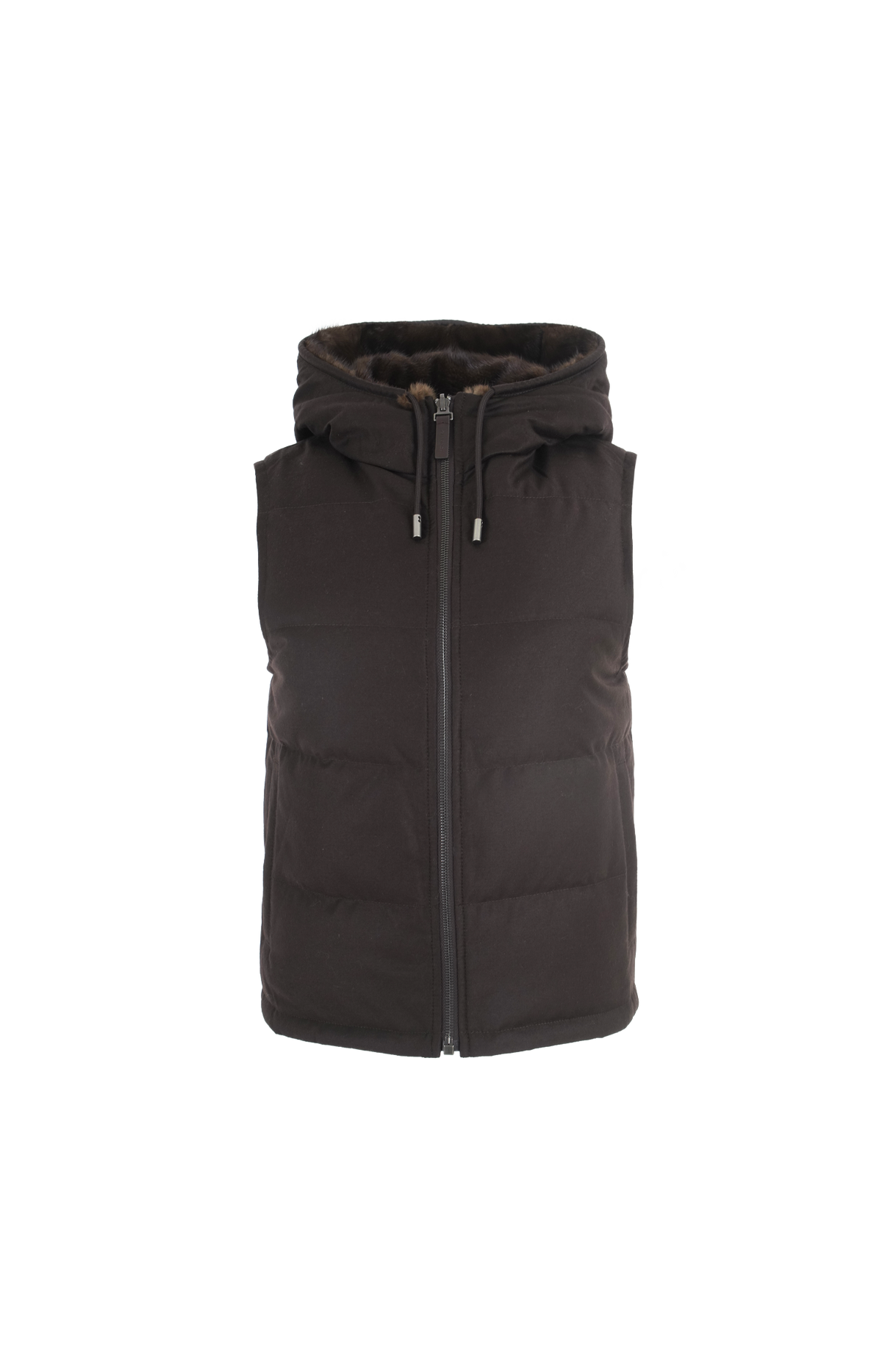 Reversible Flannel and Mink Fur Sleeveless Gilet in Brown