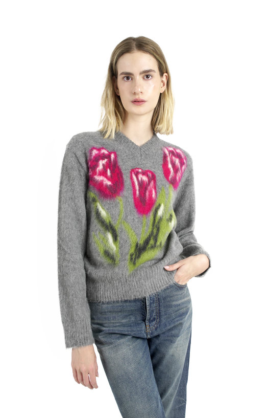 Flower Wool Sweater in Grey