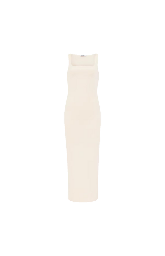 ALAÏA Silk Knit Bodycon Dress in Ecru — front view