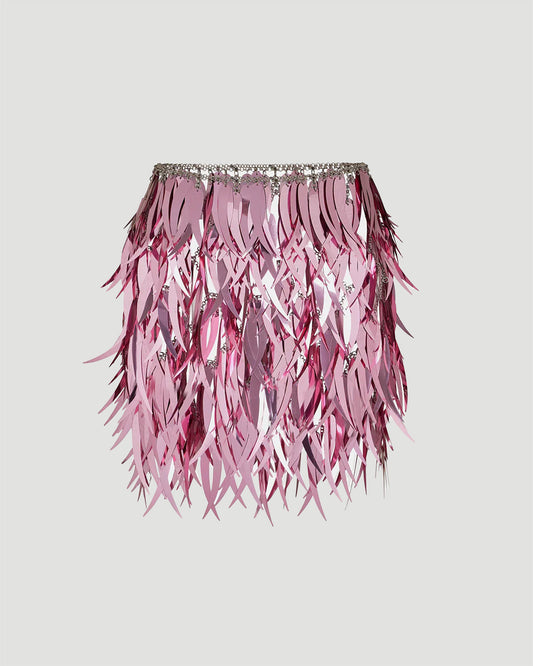 PINK SKIRT IN METALLIC FEATHERS