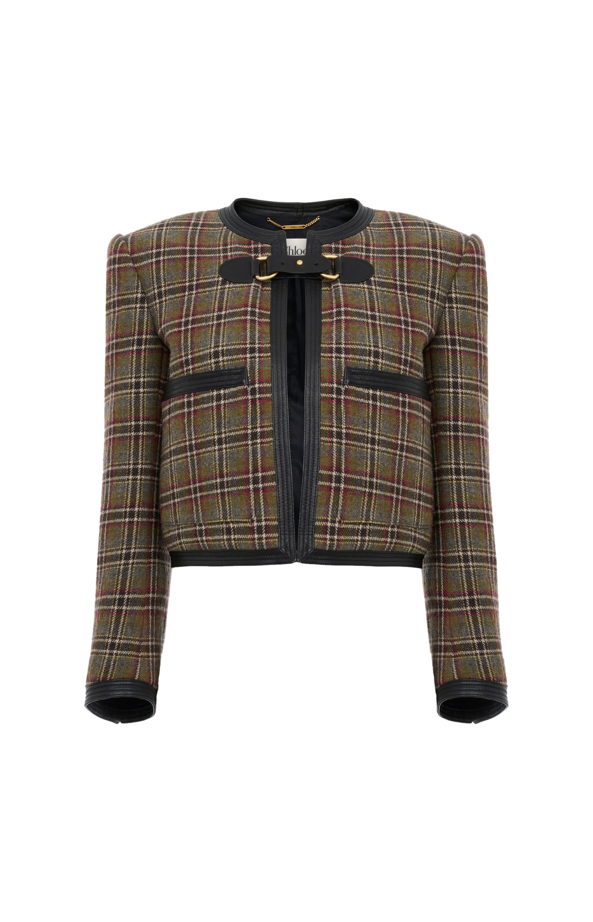 Chloé Collarless Cropped Boxy Jacket in Green Check Wool — front view