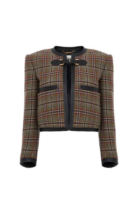 Chloé Collarless Cropped Boxy Jacket in Green Check Wool — front view