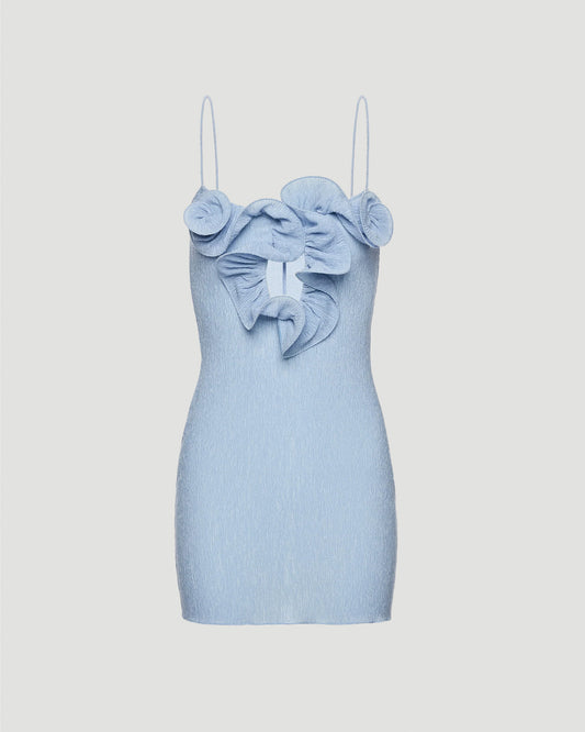 Mini Crepe Beach Dress with Floral Neckline