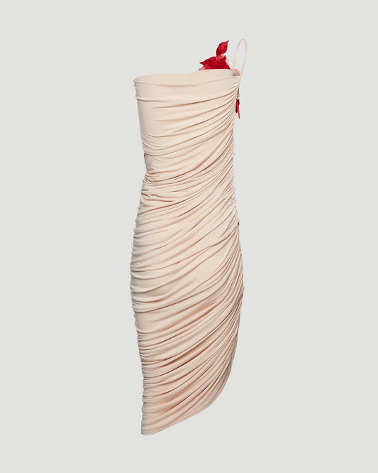 One-Shoulder Rose-Embellished Dress in Beige