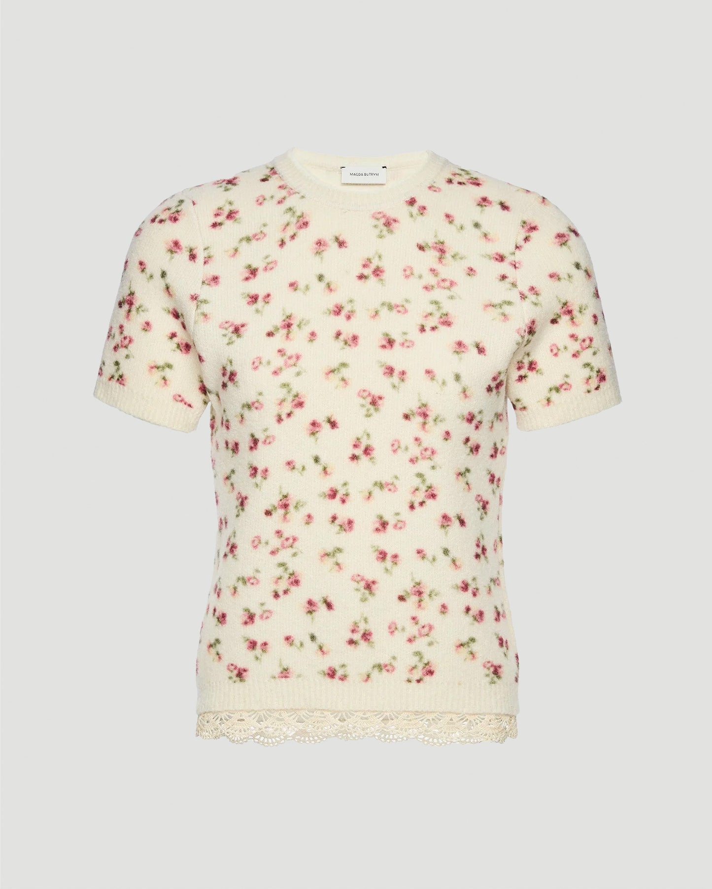 Floral Short-Sleeve Top with Lace Trim