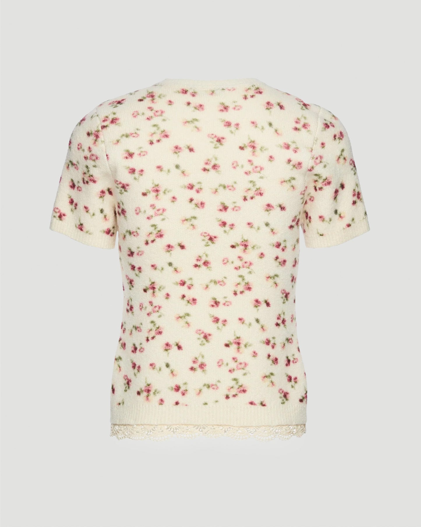Floral Short-Sleeve Top with Lace Trim