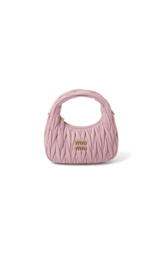 Miu Miu Wander Matelassé Nappa Leather Hobo Bag in Alabaster Pink — front view
