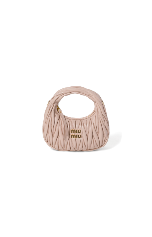 Miu Miu Wander Matelassé Nappa Leather Hobo Mini-Bag in Powder Pink — front view
