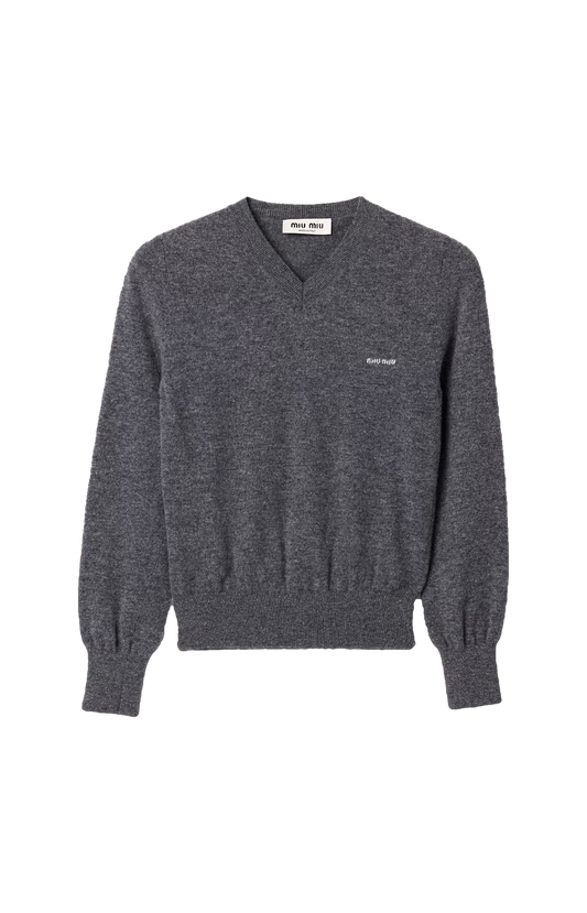 Miu Miu V-neck Wool Cardigan in Slate Grey — front view