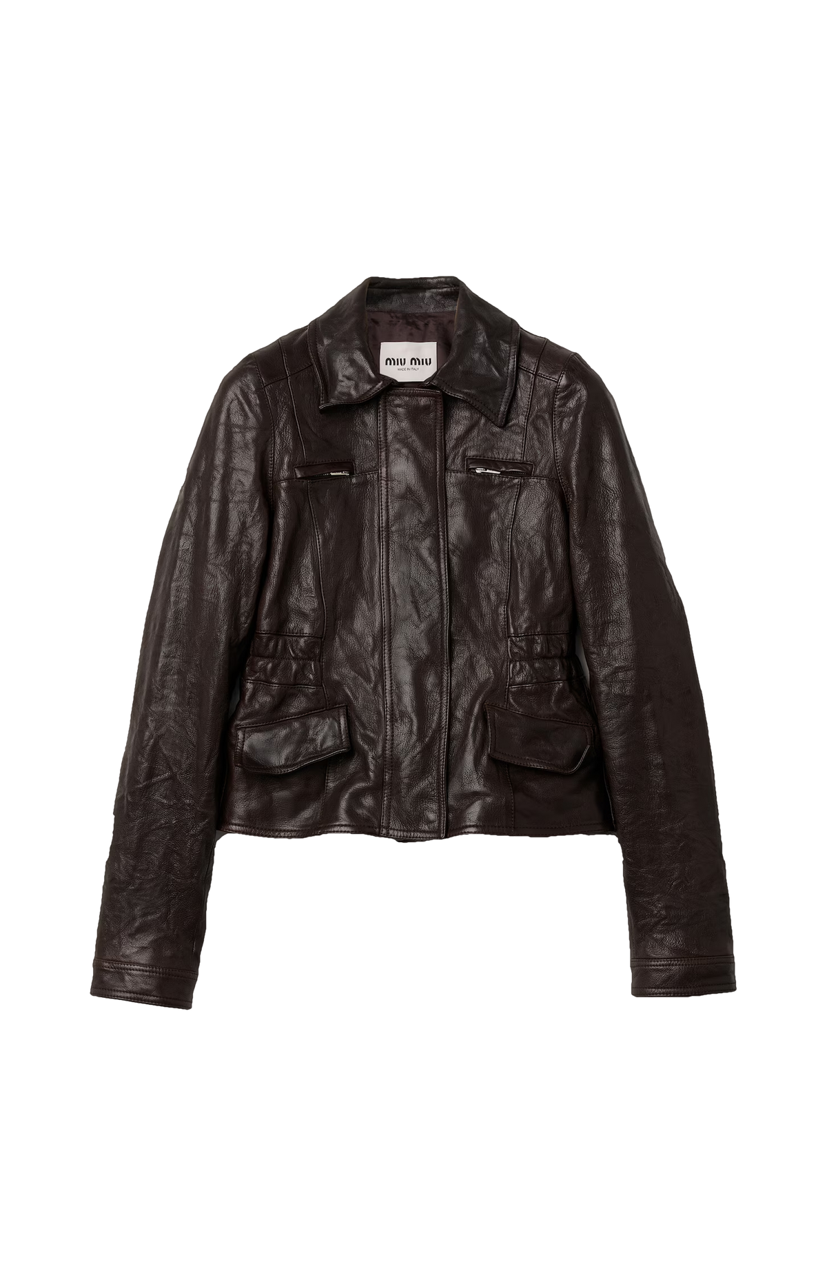 Miu Miu Leather Jacket in Dark Brown — front view