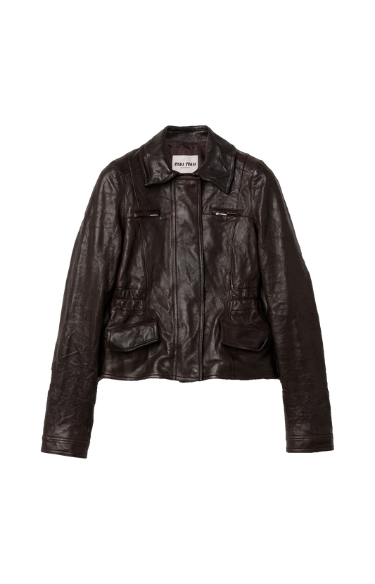 Miu Miu Leather Jacket in Dark Brown — front view