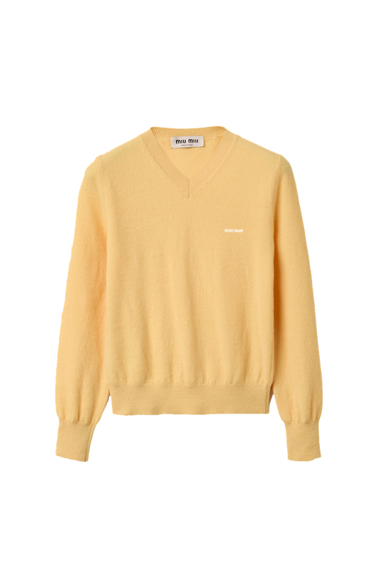 Miu Miu V-neck Wool Cardigan in Cream — front view