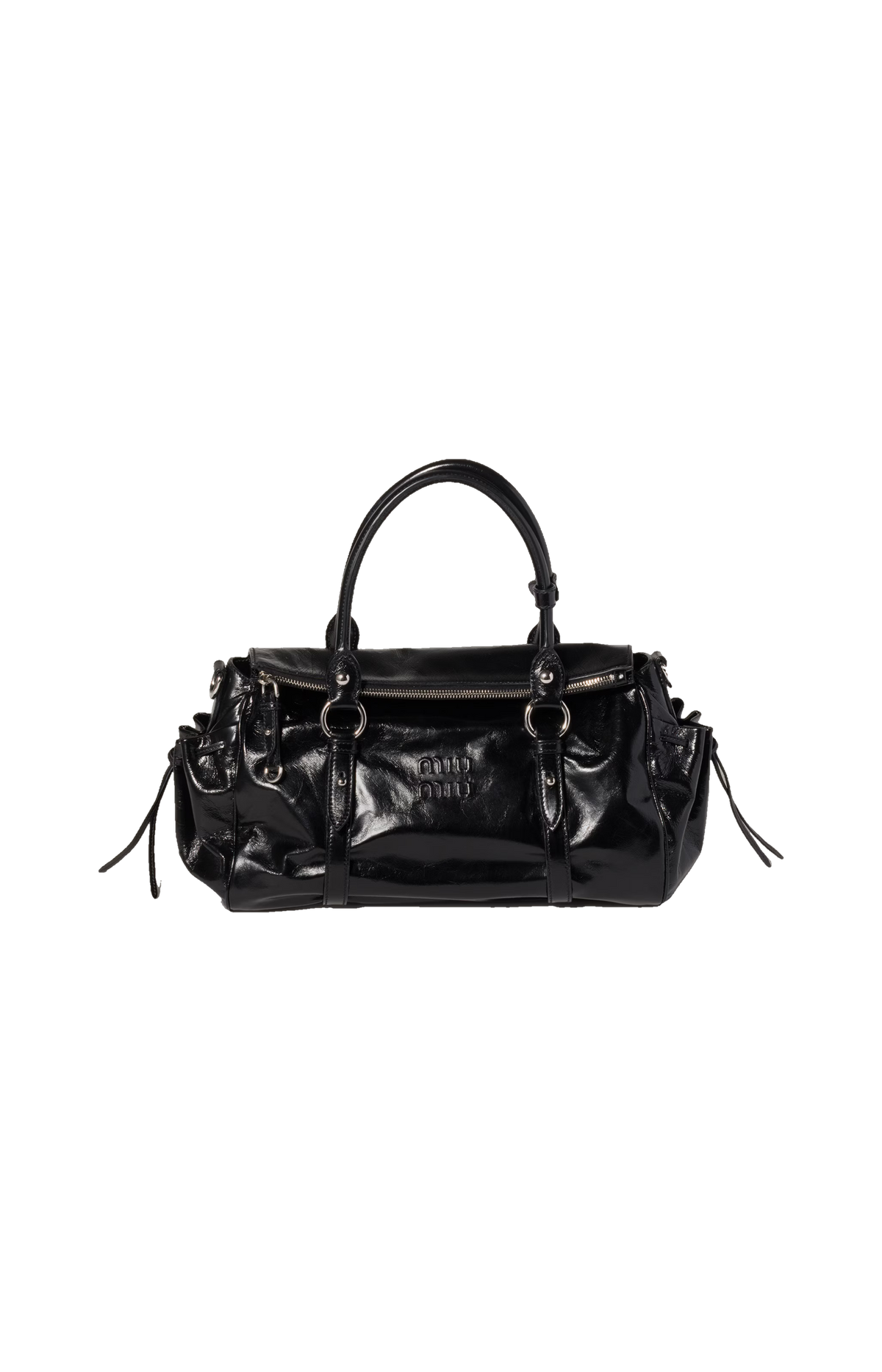 Miu Miu Shiny Leather Handbag in Black — front view