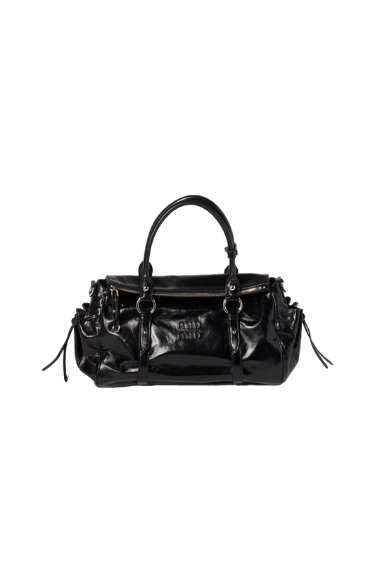 Miu Miu Shiny Leather Handbag in Black — front view