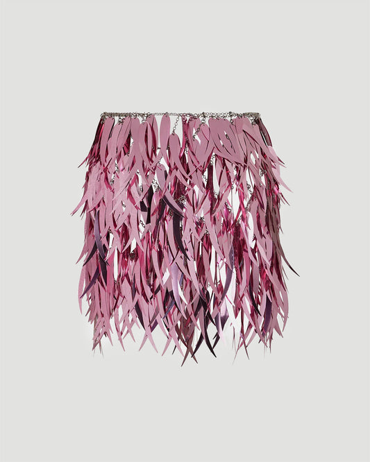 PINK SKIRT IN METALLIC FEATHERS