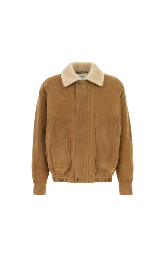 Saint Laurent Shearling-Collar Suede Jacket in Beige — front view