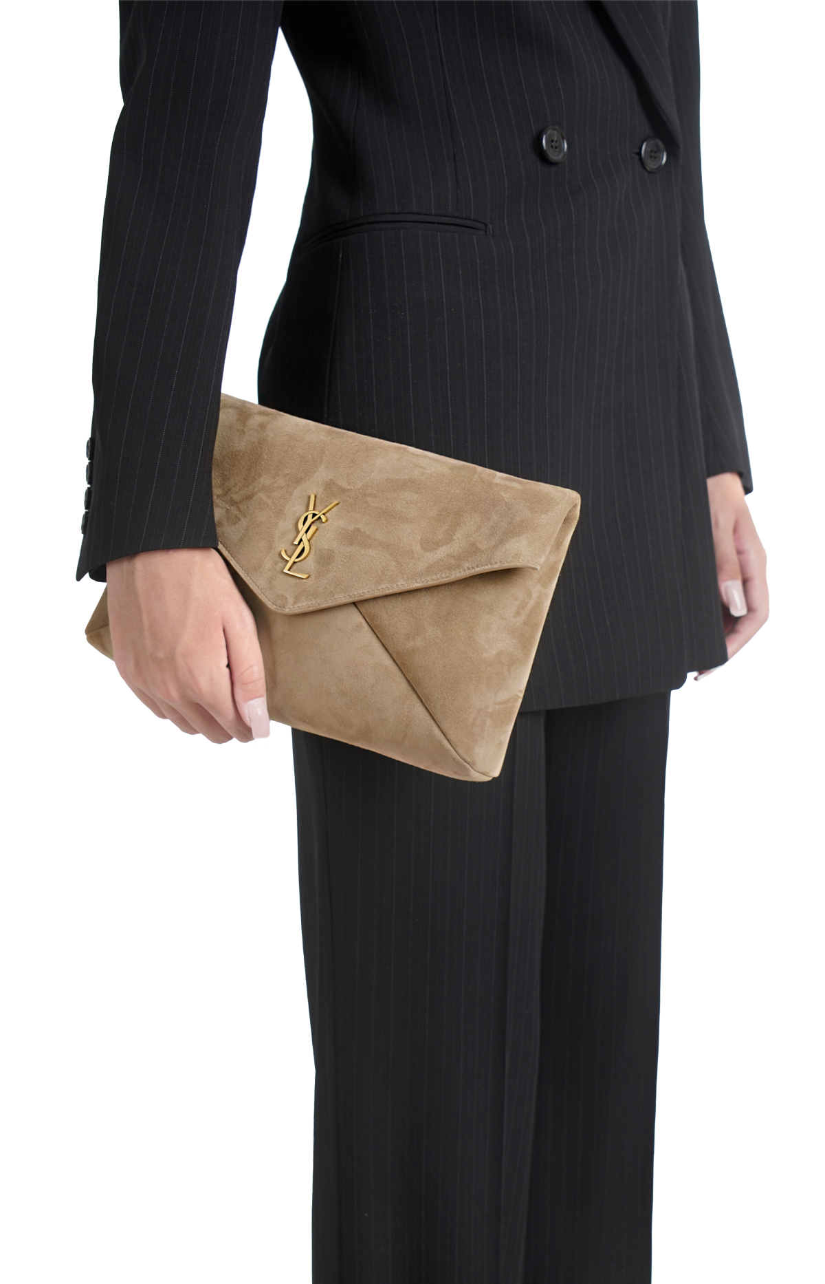 Saint Laurent Cassandre Large Envelope Pouch in Suede in Light Cumin — product photo 2