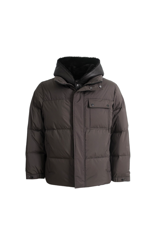 Yves Salomon Shearling-Trim Padded Coat in Brown — front view