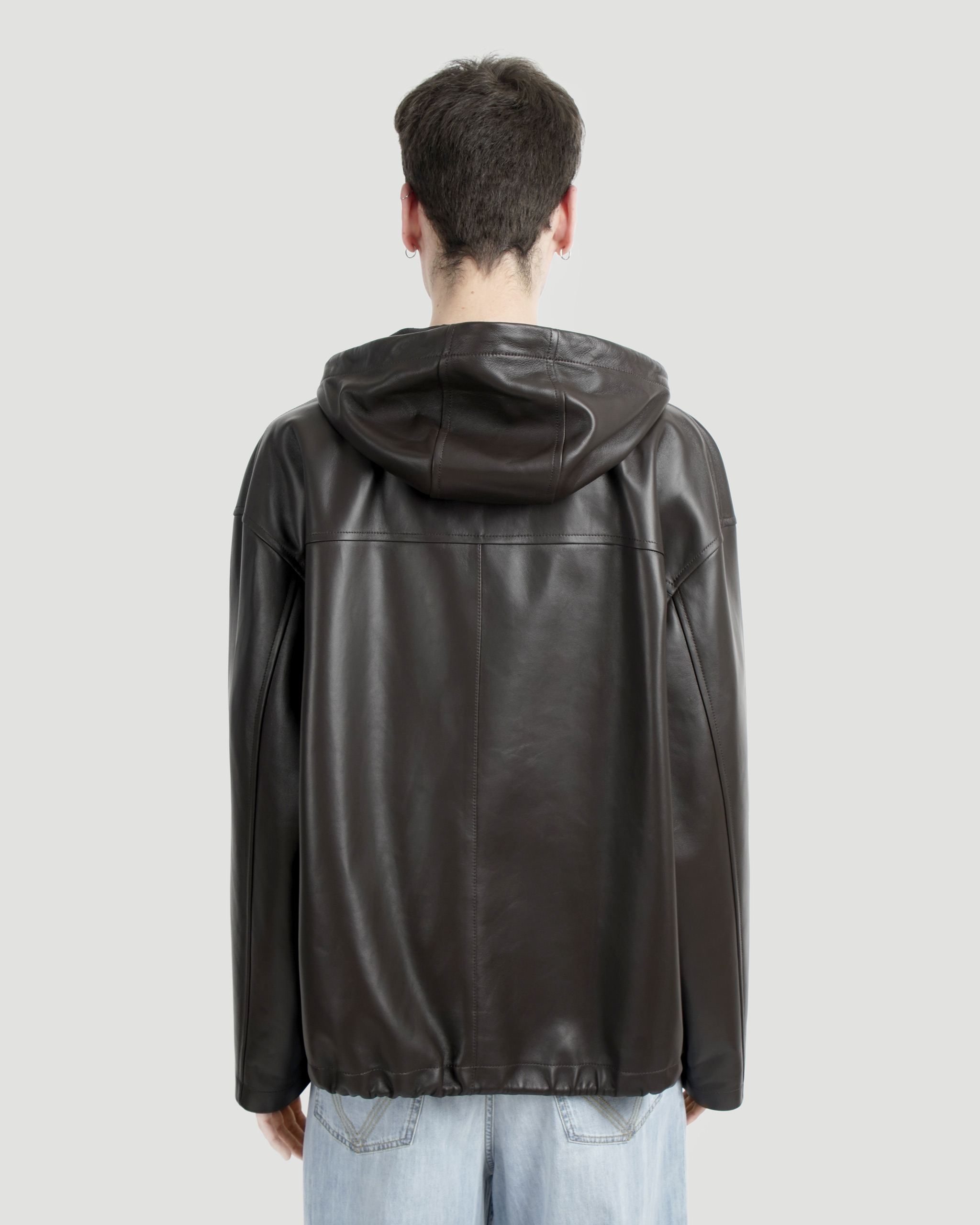 BROWN LEATHER JACKET WITH A HOOD - All-U-Re